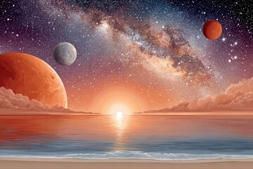 Fototapeta premium Epic cosmic sunset over a tranquil ocean with multiple planets and a starry galaxy sky