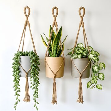 Three hanging plants with macrame plant hangers