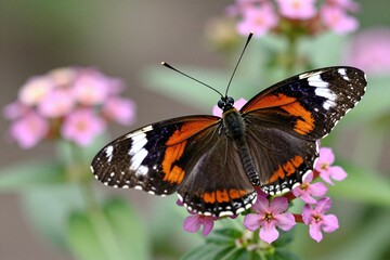 Naklejka premium A black and orange butterfly sitting on a pink flower