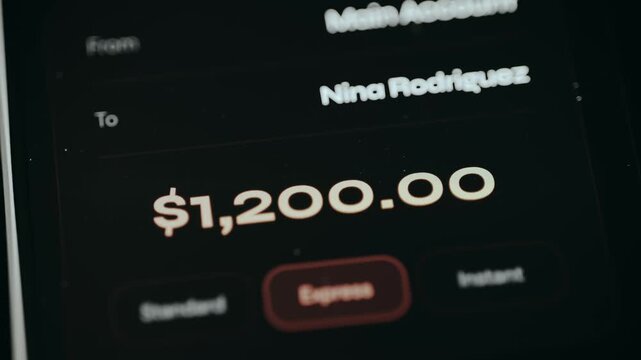 Banking app interface displays a transaction of 1200 USD from Main Account to a person