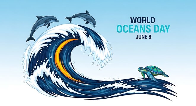 A wave with dolphins and a turtle on world oceans day
