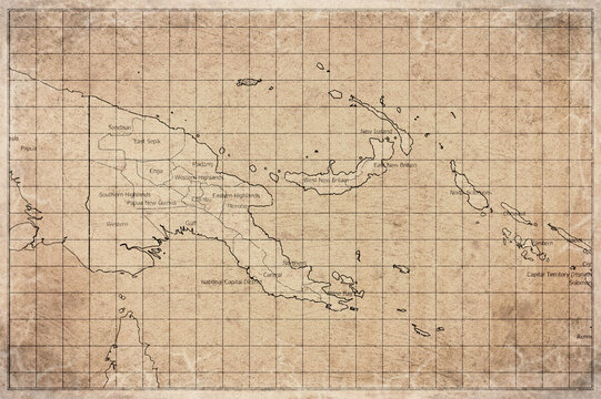 Vintage Map Of Papua New Guinea With Provinces On Retro Paper Background