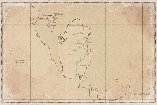 Vintage Map Of Qatar With Municipalities On Retro Paper Background