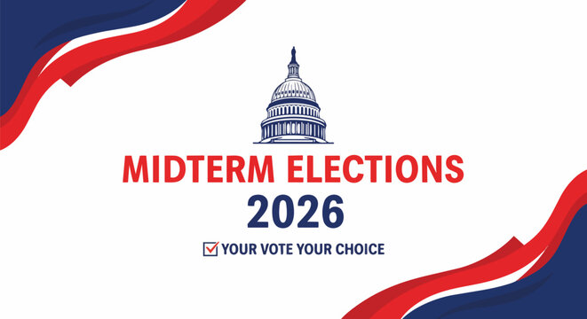 US Capitol Building and patriotic ribbons over white background, midterm elections 2026 concept, perfect for political campaigns, voting drives and civic engagement.