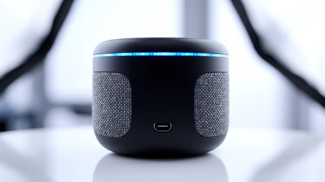 Black wireless speaker with blue light on top on a white table indoors