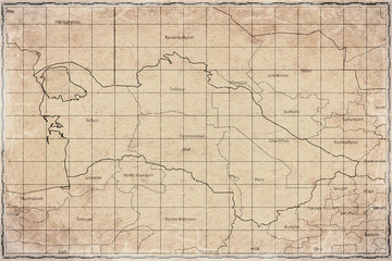 Fototapeta premium Vintage Map Of Turkmenistan With Regions On Retro Paper Background