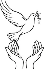 Fototapeta premium Minimal abstract vector illustration of dove olive branch flying above open hands elegant outline design symbolizing peace freedom hope and harmony