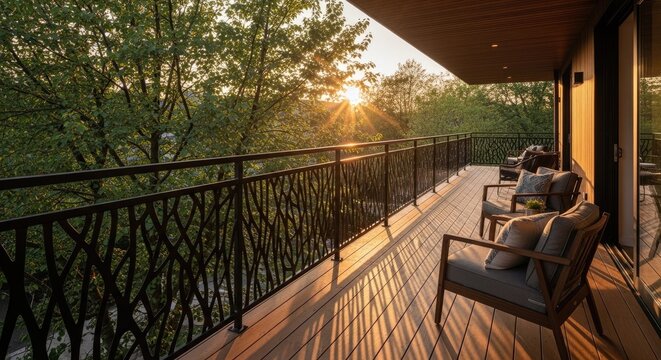 Balcony view with metal railing and seating overlooking lush trees at sunset