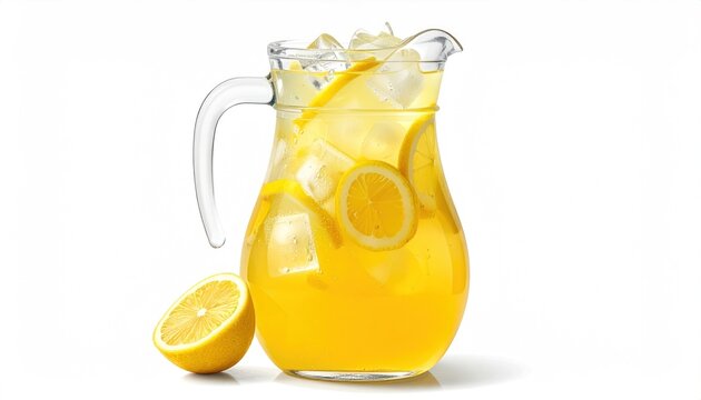Refreshing Lemonade Pitcher with Ice and Lemon Slice.