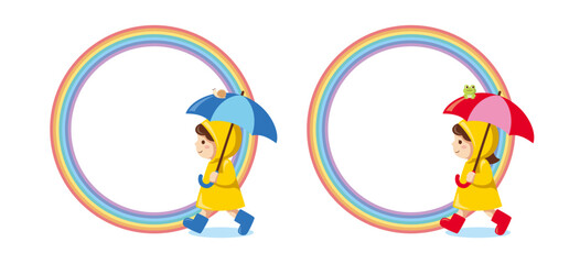 Fototapeta premium 梅雨の時期に使える男の子と女の子の虹色丸型イラストフレーム素材セット / Rainy season boy and girl rainbow circular frame set