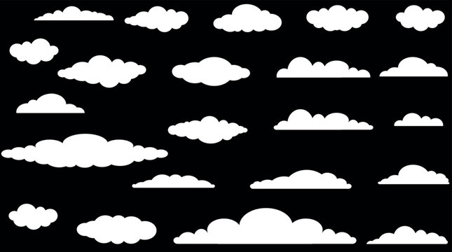 Set of Diverse White Cloud Silhouettes and Flat Weather Vector Shapes on Black Background