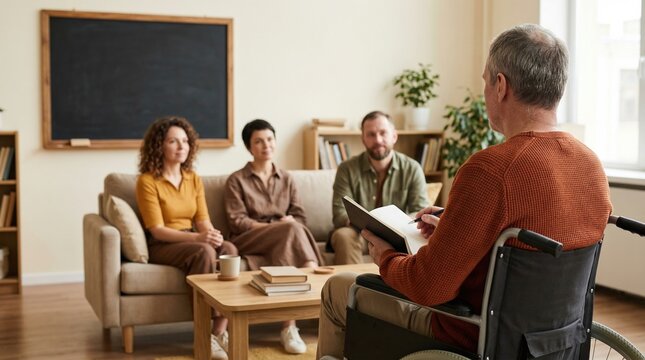 Older facilitator in wheelchair leading small group therapy session in cozy counseling room, attentive participants listen as he takes notes and guides conversation with calm empathy