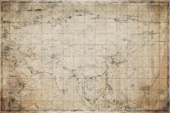Vintage Map Of Asia Continent On Retro Paper Background