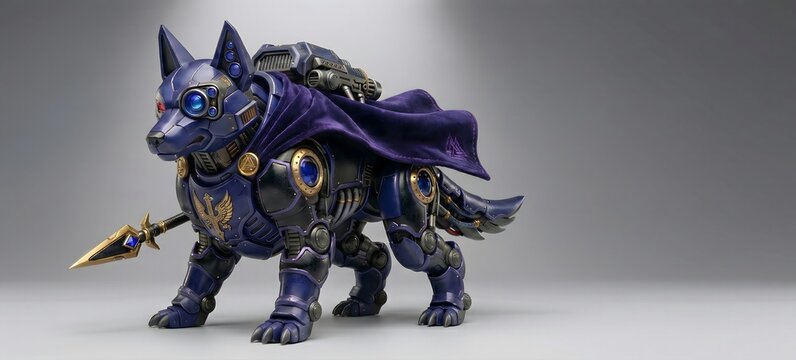 Yuru-Mecha: Samurai Odin Wolf, Odin Inspired Robot with Purple Cape and Spear, 3D Render