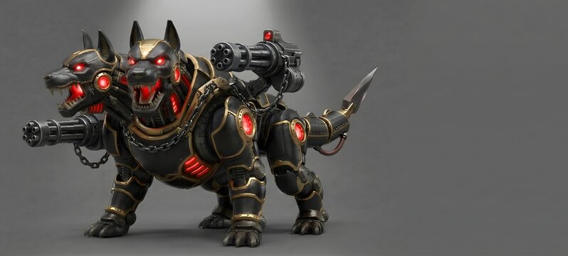 Yuru-Mecha: Samurai Orthrus Dual-Headed Dog, Orthrus Inspired Robot with Gatling Gun, 3D Render