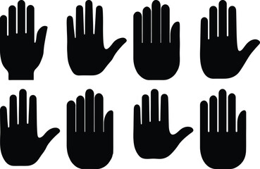 Obraz premium Eight black vector silhouettes of open human hands with extended fingers, ideal for graphic design, UI/UX, symbolic gestures, stop signs, or welcome, isolated.