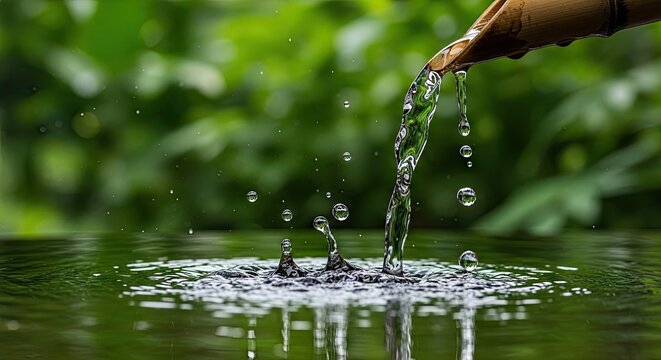 Clear water flows from bamboo into a pond with splashes and bubbles