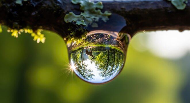 Close up of a water droplet reflecting natural environment and sunlight