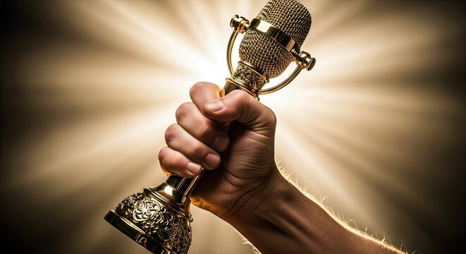 Close up of hand grasping golden microphone with dramatic lighting