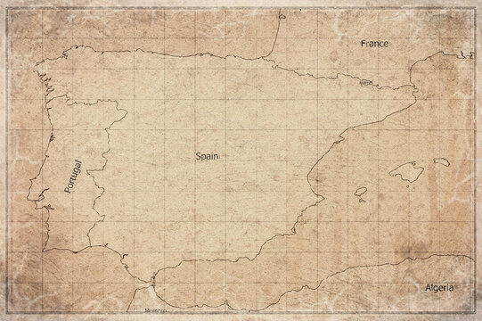 Vintage Map Of Iberian Peninsula On Retro Paper Background