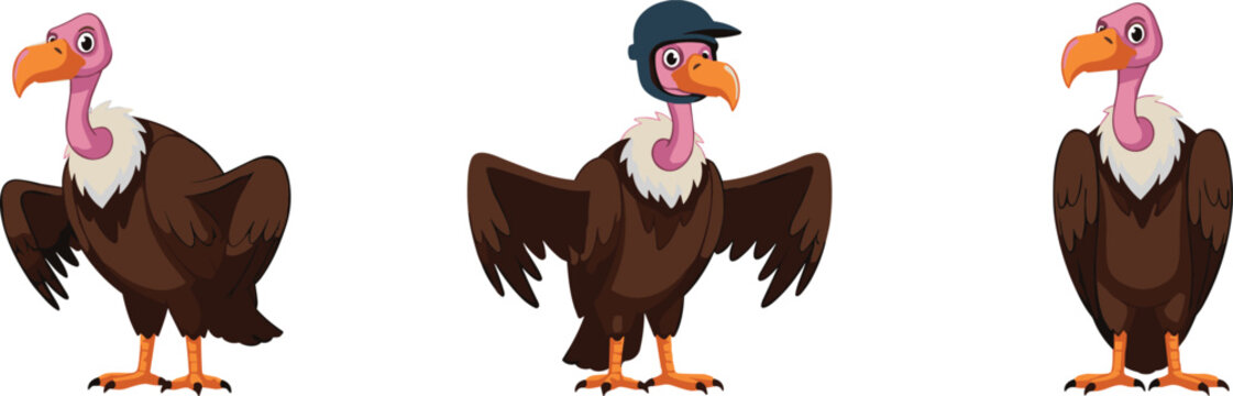 Cartoon vulture vector illustration set featuring standing, expressive, and helmet-wearing vultures, funny wildlife birds for storytelling, educational content, digital art, or decorative purposes
