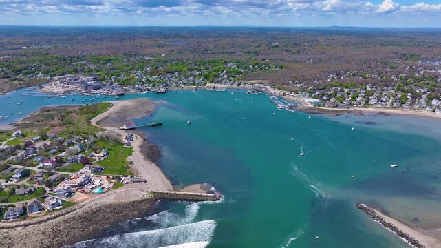Scituate Harbor aerial view including Bulman Marine and Harbor Marina in town of Scituate, Massachusetts MA, USA. 