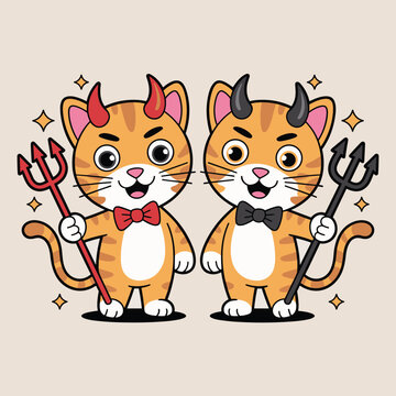 Cute Devil Cats with Pitchforks 