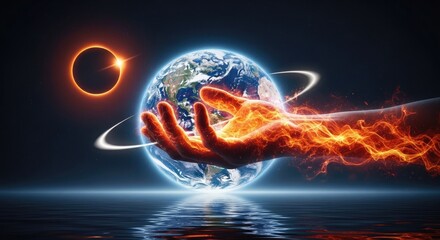 Fototapeta premium Abstract illustration of planet earth held in a glowing hand concept art