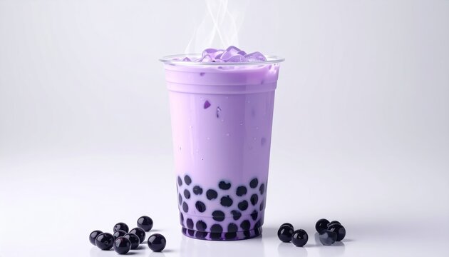 Taro Bubble Tea with Tapioca Pearls in Plastic Cup.