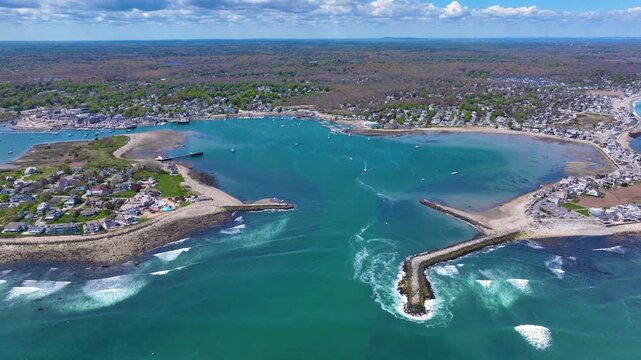 Scituate Harbor aerial view including Bulman Marine and Harbor Marina in town of Scituate, Massachusetts MA, USA. 