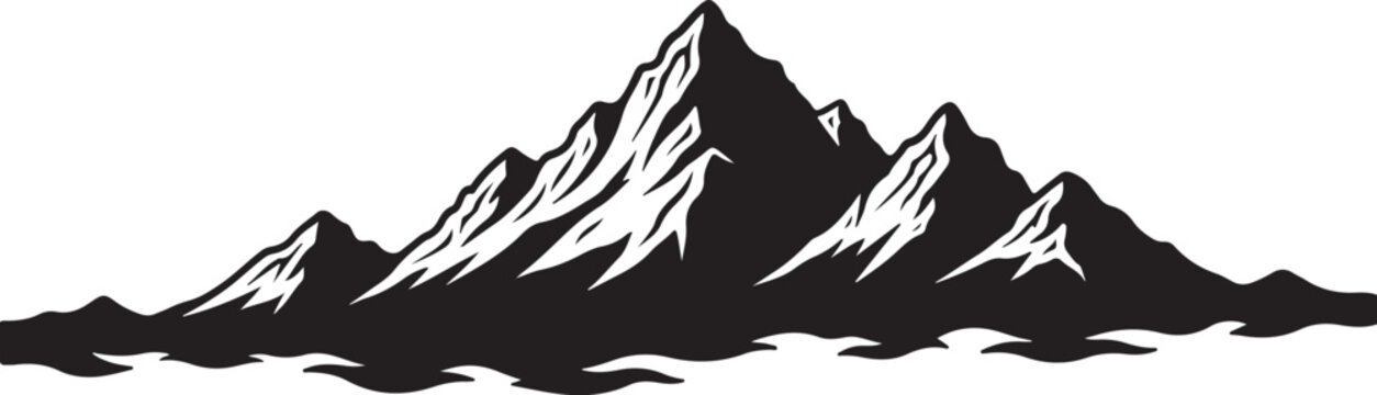 Black mountain range silhouette, vector landscape illustration, snowy peaks, monochrome design element