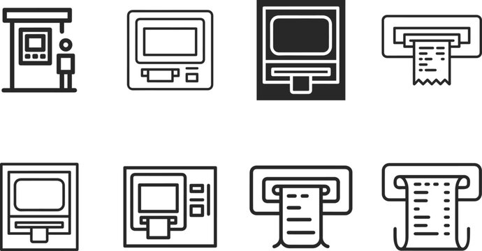 Collection of ATM and cash machine icons, representing financial transactions, banking services, and automated teller machines, with various styles including line art, solid fill, and receipt dispens.