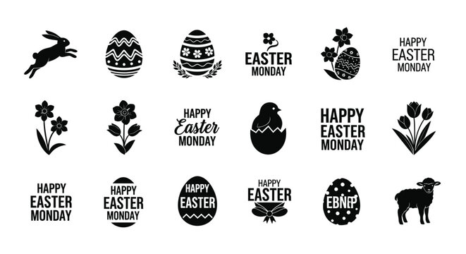 Easter monday icons set with eggs bunnies flowers and happy easter text in black on white background for holiday decoration
