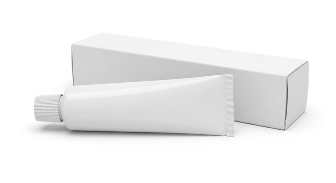 White toothpaste tube and box on a plain background