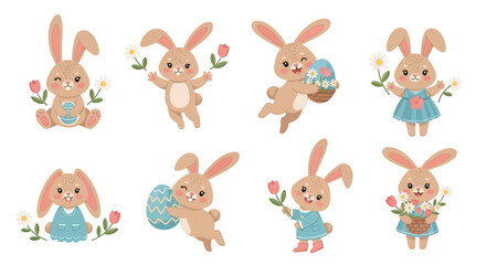 Obraz premium Set of cute cartoon easter bunnies in various poses and styles with flowers and eggs on a white background