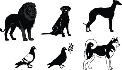 Collection of black animal silhouettes featuring a lion, diverse dog breeds like husky and greyhound, and pigeons with olive branch. © Hafiza