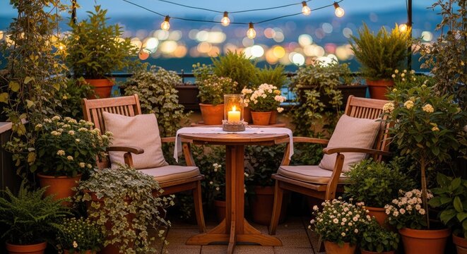 Cozy rooftop terrace with chairs table plants and string lights at dusk