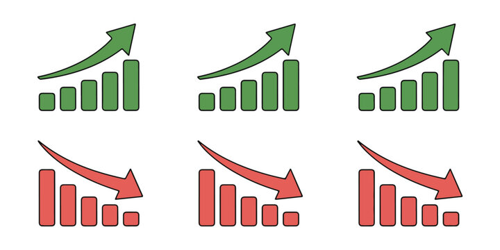 Set of six isolated financial and business performance bar chart icons depicting growth and decline with arrows.