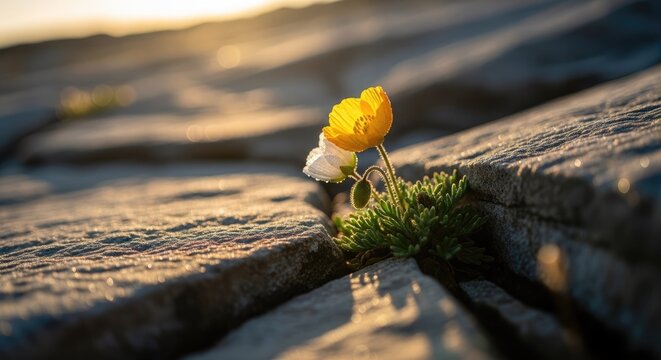 Delicate yellow and white flower blooming from stone pathway in sunlight