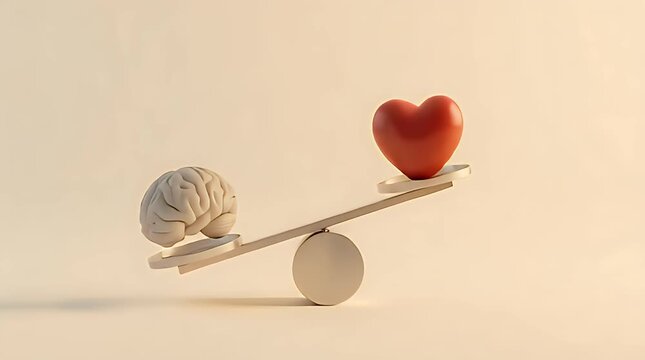 3D Minimal Scale Balancing Brain And Heart Representing Emotional Balance Concept Illustration
