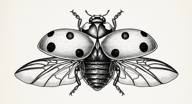 Detailed illustration of a ladybug with open wings in black and white