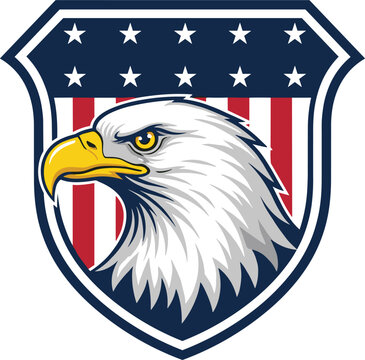 Patriotic bald eagle head vector illustration set inside a shield with American flag stars and stripes for national holiday and military emblems.