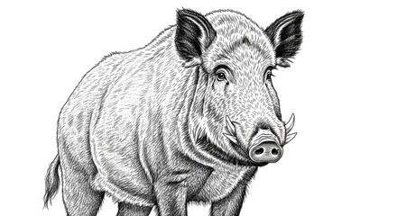 Fototapeta premium Detailed ink drawing of wild boar on white background for commercial use