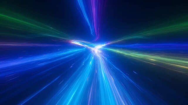 Energetic abstract image showing colorful light trails converging toward a central point
