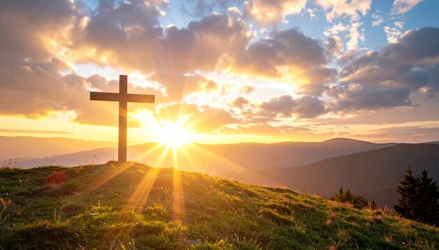 Karfreitag Ostern Auferstehung Kreuz im Sonnenaufgang auf H&uuml;gel | Kirche Glaube Hoffnung christliches Motiv mit Lichtstrahlen und Panorama