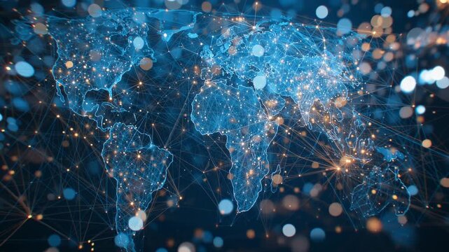 Global Network Map with Glowing Connection Lines, Digital World Communication and Technology Data