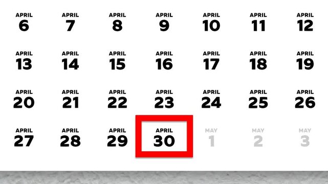 The date April 30th marked with a red cursor on the wall calendar 2026