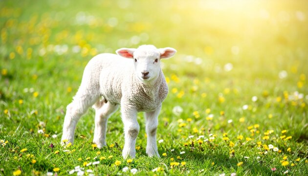Osterlamm auf gr&uuml;ner Fr&uuml;hlingswiese im Sonnenlicht | christliches Symbol f&uuml;r Auferstehung Hoffnung und Ostern mit Copyspace