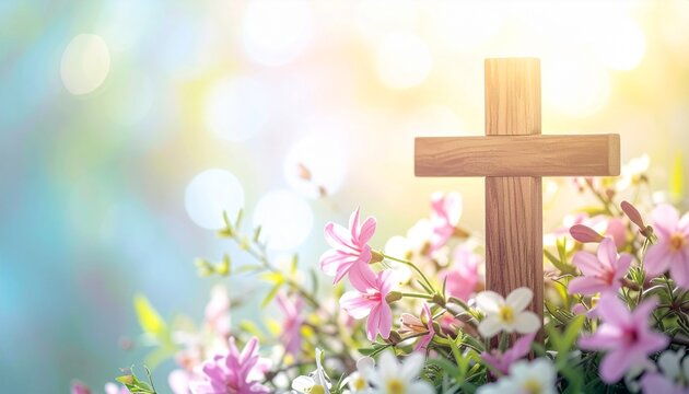 Holzkreuz mit Fr&uuml;hlingsblumen im warmen Sonnenlicht | Ostern Auferstehung Glaube Hoffnung christliches Hintergrundmotiv mit Copyspace