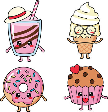 Kawaii Sweet Treats Vector Character Set Featuring Cute Cartoon Donut Cupcake Ice Cream Cone And Milkshake With Smiling Faces For Bakery Menu And Kids Design Projects